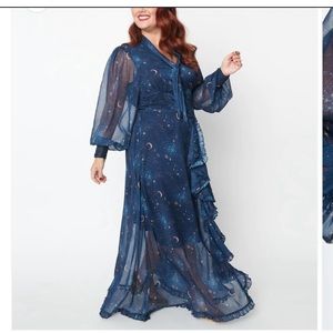 NWT Unique Vintage maxi dress size L 10/12navy and golden galaxy print